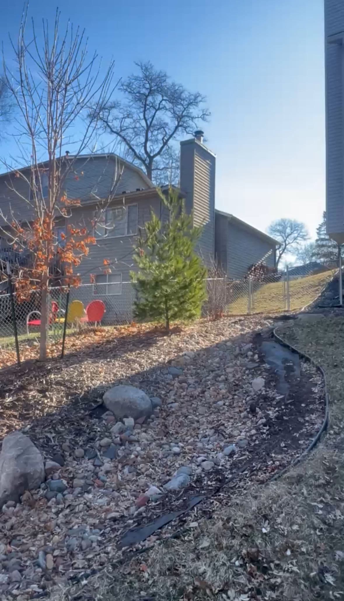 Fresh Mulch, River Rocks, and Young Trees Planted in One Backyard