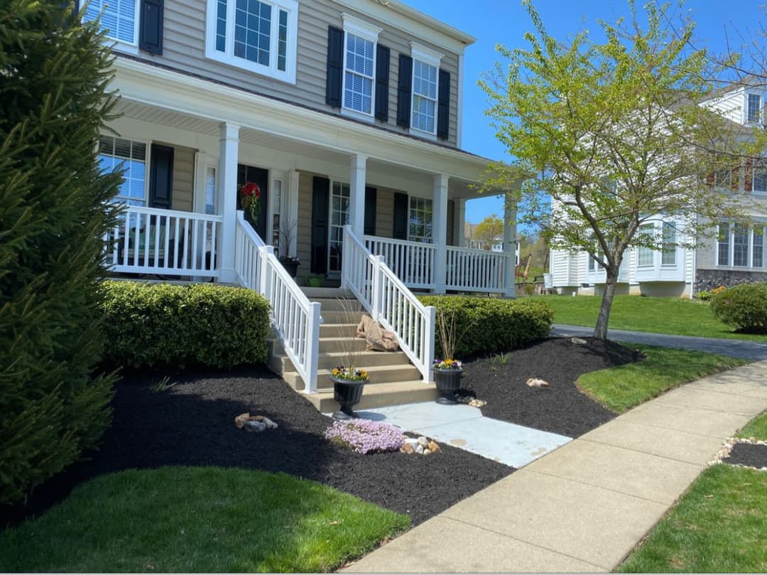 Flowering cherry tree and landscaped garden with birdbath near house exterior.